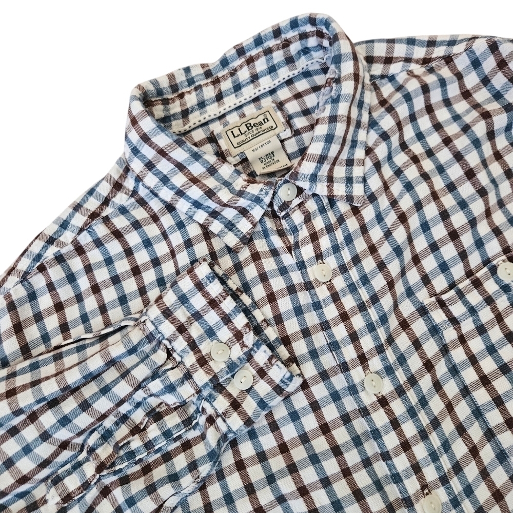 LL Bean Button Up Shirt Adult XL Brown‎ Blue Plaid Flannel Long Sleeve Mens